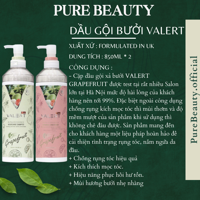 Dầu Gội Xả Bưởi Grapefruit Valert 850ml * 2 Phục Hồi Tóc Khô Xơ Hư Tổn, Chống Rụng và Kích Thích Mọc Tóc