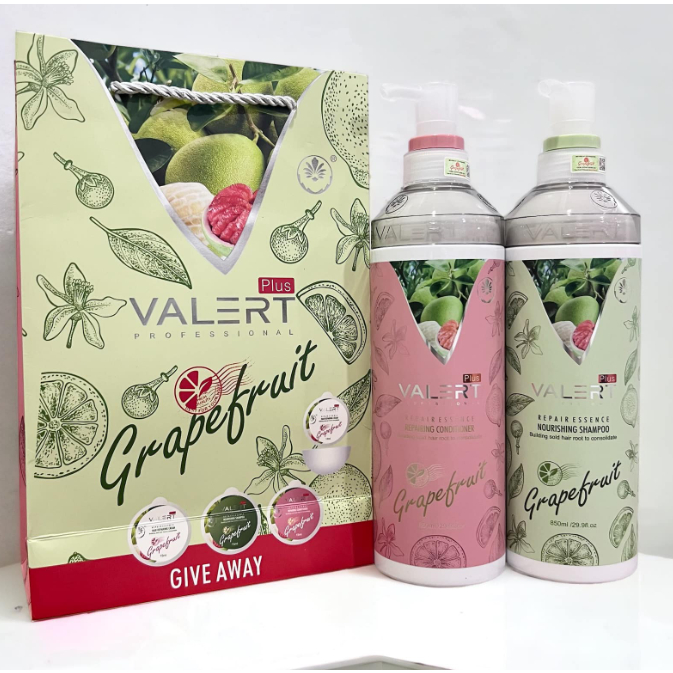 Dầu Gội Xả Bưởi Grapefruit Valert 850ml * 2 Phục Hồi Tóc Khô Xơ Hư Tổn, Chống Rụng và Kích Thích Mọc Tóc