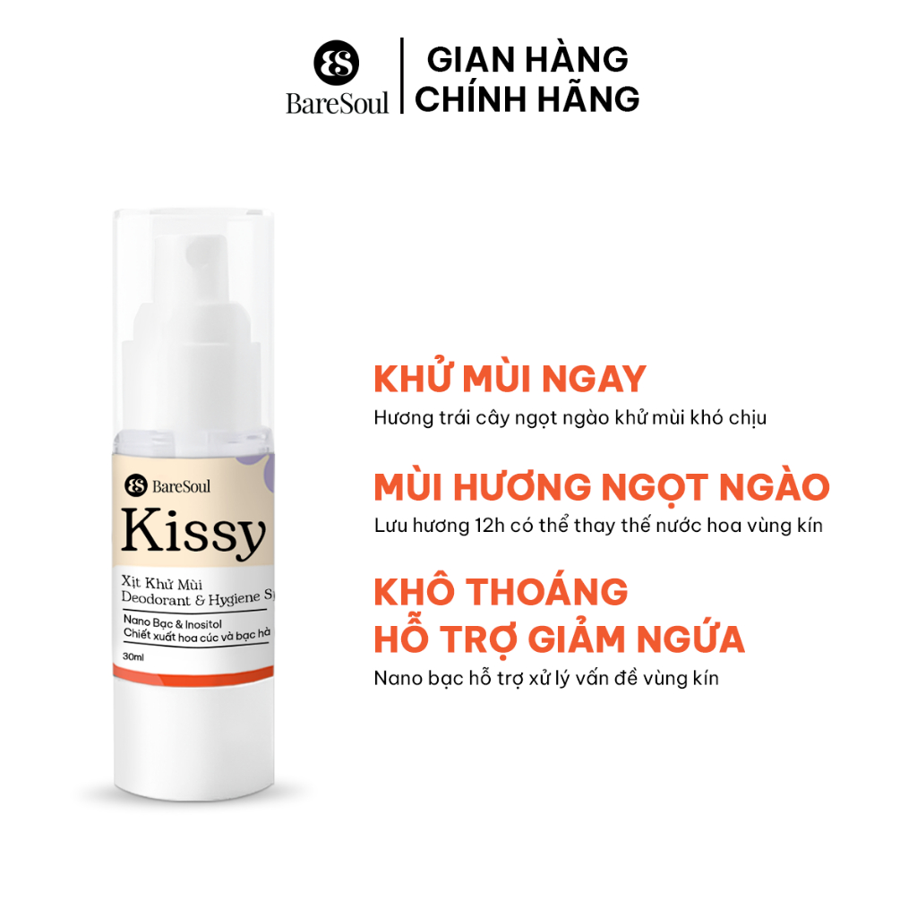 Xịt Khử Mùi & Vệ Sinh Vùng Kín BareSoul Kissy Intimate Deodorant & Hygiene Spray 30ml