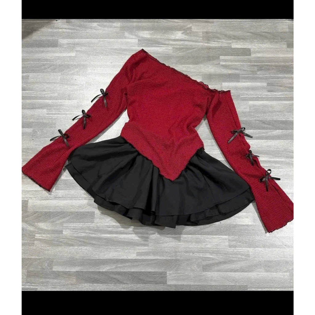 Set Áo Thun Lệch Vai Vạt Nhọn Tay Dài Xẻ Tay Nơ + Chân Váy 2 Tầng Lưng Chun
