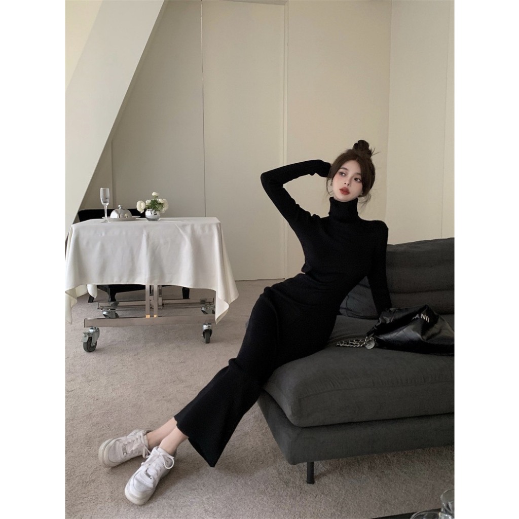 Đầm Body Đen Chất Len Dày Dặn Cổ Cao LOKOSA Đầm Dáng Dài Ôm Body Tôn Dáng Màu Đen VD001