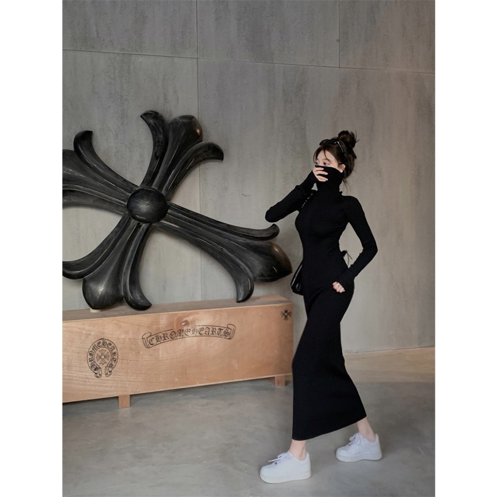 Đầm Body Đen Chất Len Dày Dặn Cổ Cao LOKOSA Đầm Dáng Dài Ôm Body Tôn Dáng Màu Đen VD001