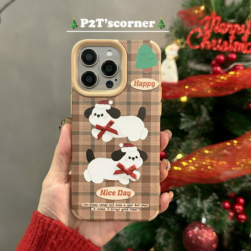 Ốp HappyNiceday Cún Đeo Nơ Đỏ caro