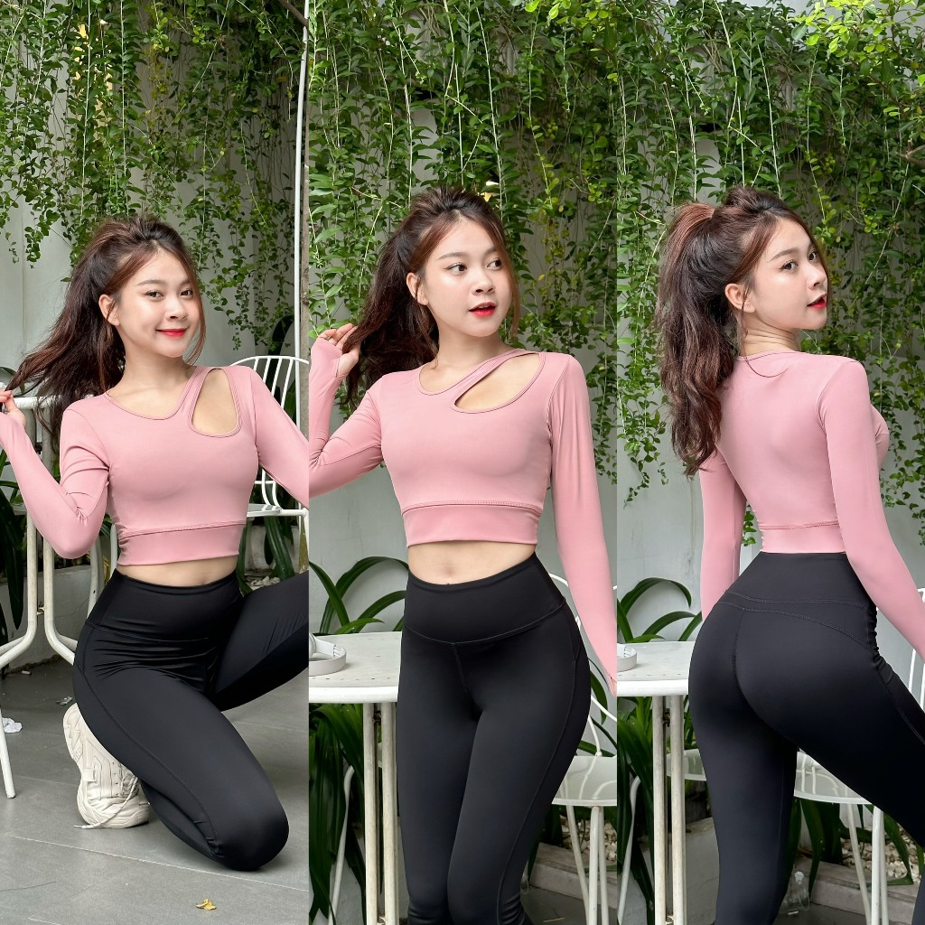 Áo Thể Thao Croptop Nữ Tay Dài Khoét Vai Tập Gym Yoga Tay Dài Có Mút Ngực Có Xỏ Ngón-(Ao20)