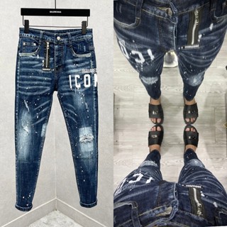 Quần jean bò nam Dsq2 slimfit khoá lệch xanh bạc in sơn chữ ICON đùi rách xước vảy sơn wash rẻ đẹp QJ404P