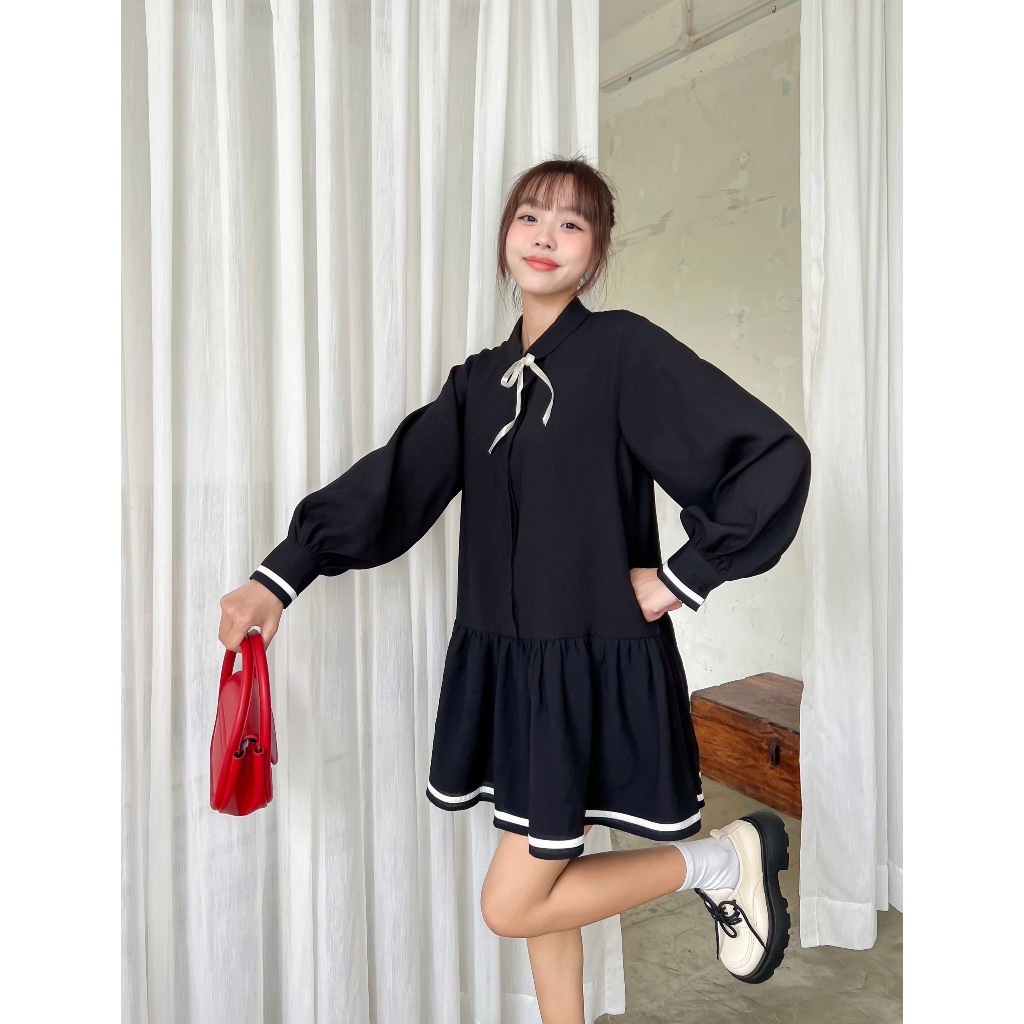 Đầm babydoll tay dài phối viền trắng SELENA DRESS