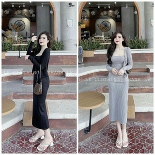Sét 2 món váy 2 dây body maxi và áo khoác ngoài cardigan siêu xinh