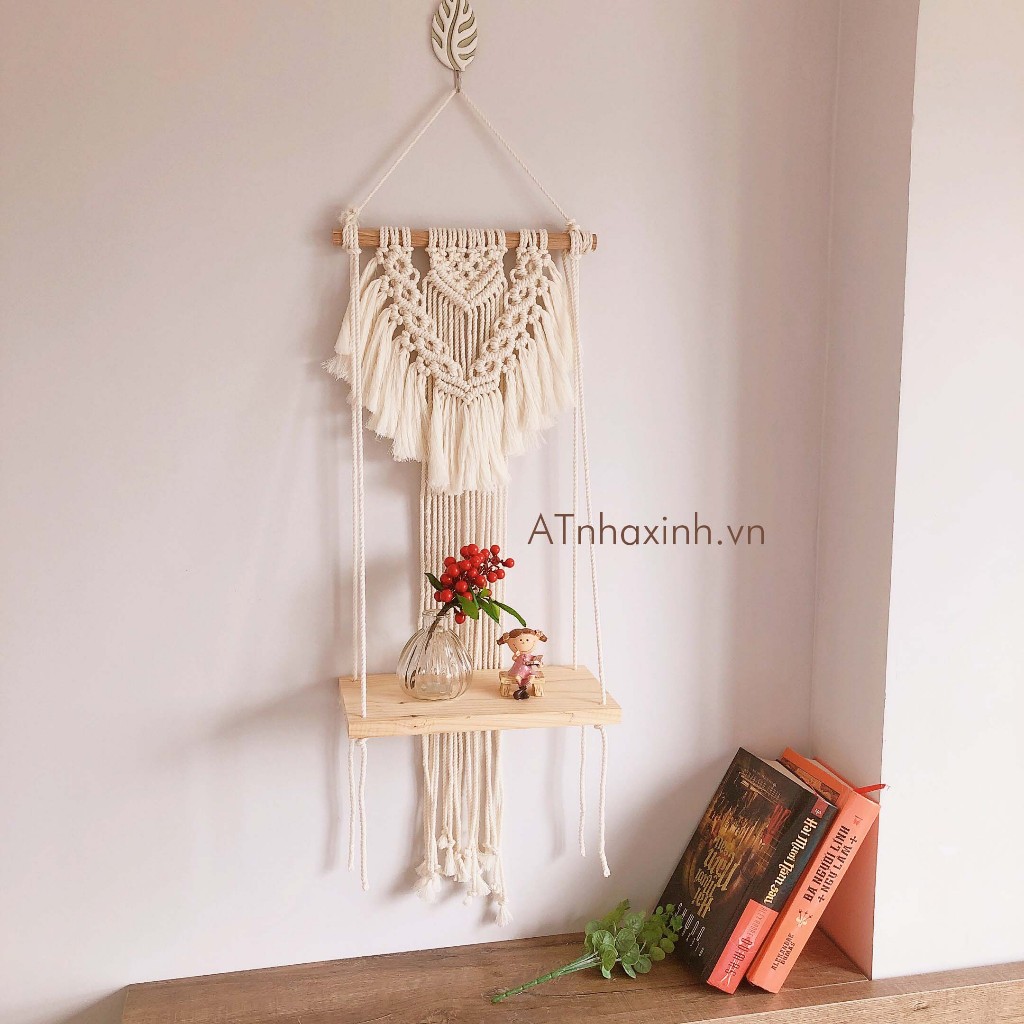 Kệ trang trí, kệ gỗ treo tường tết dây macrame trang trí nhà cửa decor nội thất decor phòng