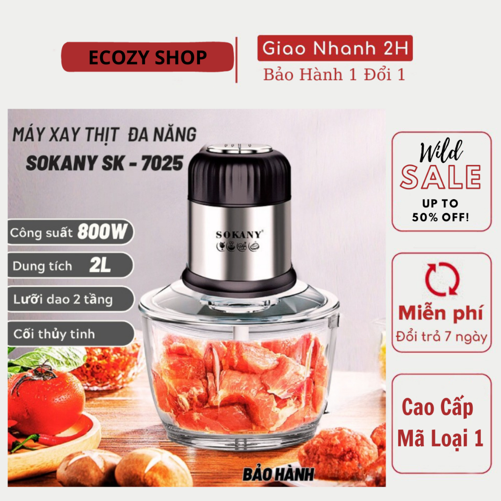 Máy Xay Thịt SOKANY 2L đa năng Công Suất Mạnh 800W cối Thủy Tinh dày chống xước máy xay thịt mini rau củ