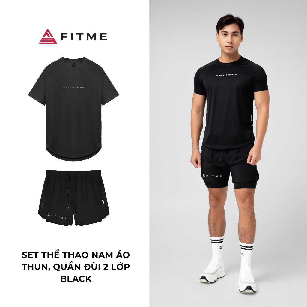 Bộ đồ chạy bộ tập gym nam Fitme chất thun thể thao co giãn 4 chiều cao cấp Black