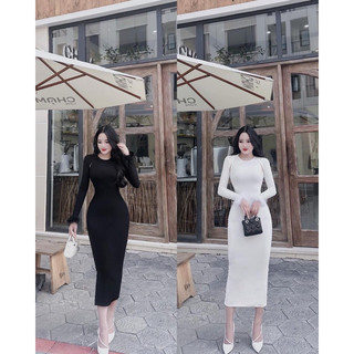 Đầm body dự tiệc cổ tròn tay dài phối lông,váy ôm body dáng dài sexy sang trọng