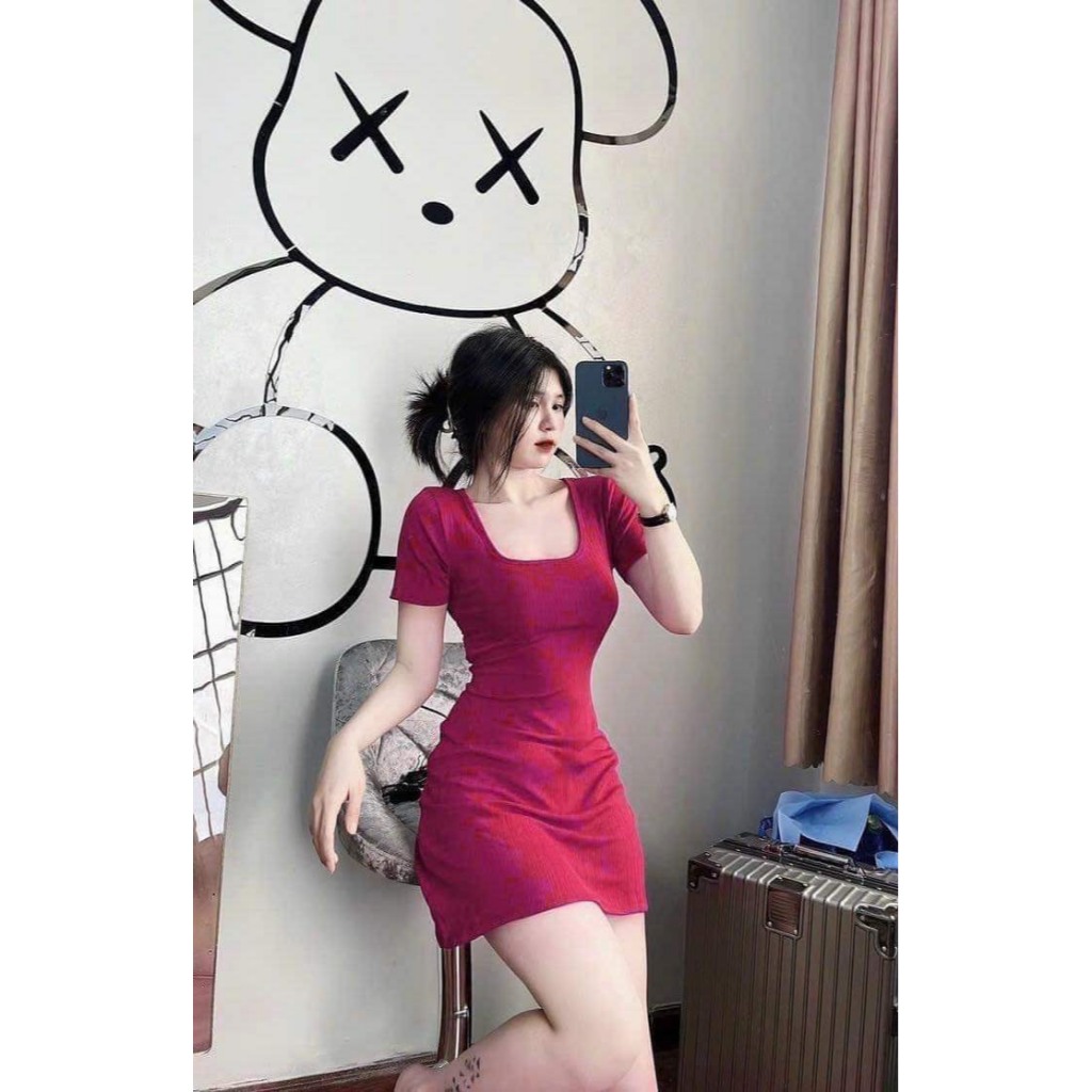 Đầm cổ vuông tay ngắn dáng xoè chất thun gân xương cá co giãn MBB50