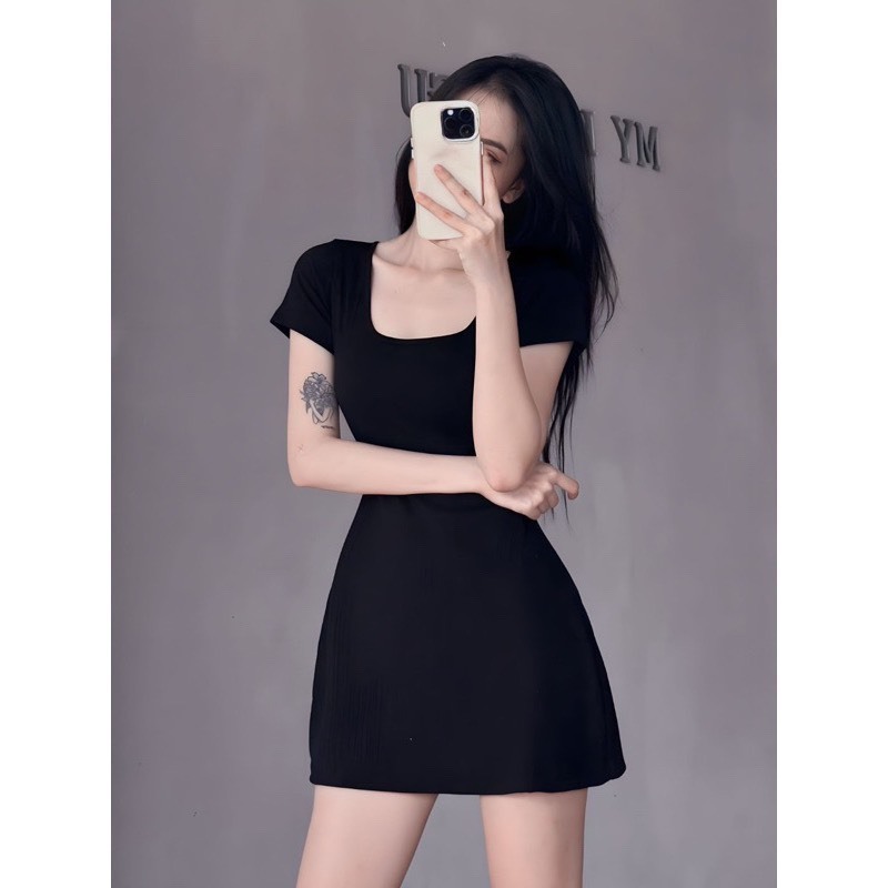 Đầm cổ vuông tay ngắn dáng xoè chất thun gân xương cá co giãn MBB50