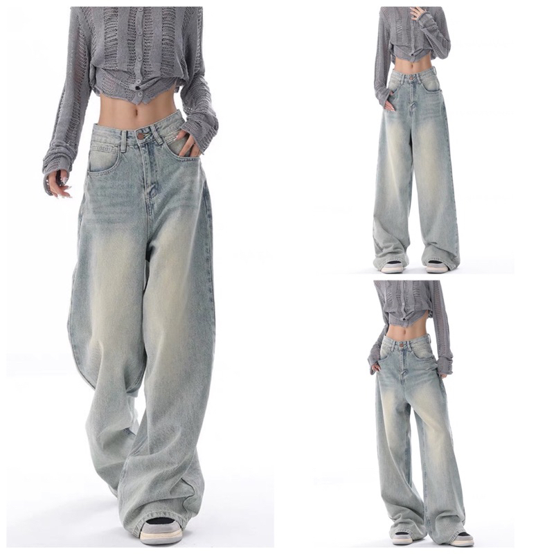 XANH TRẮNG MÂY - JEANS WASH  TRƠN ỐNG RỘNG PHONG CÁCH Y2k PHỦ GÓT HALO KAKI