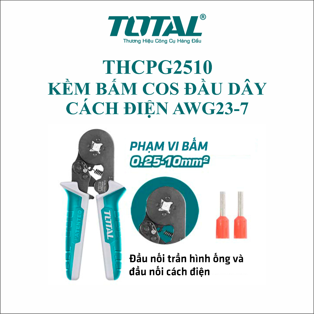 Kềm bấm cos đầu dây cách điện AWG23-7 0,25-10mm² TOTAL THCPG2510 hàng chính hãng
