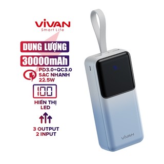 Pin dự phòng sạc nhanh VIVAN VPB-D30 Xanh Trắng 30000mAh Hiển thị đèn LED PD+QC3.0 22.5W, 2 cổng sạc vào - 3 cổng sạc ra