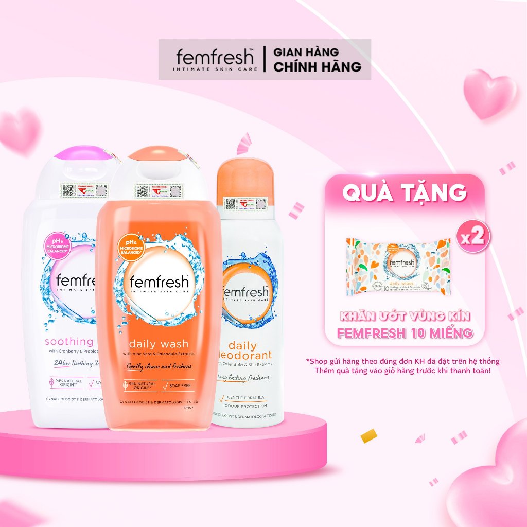 Combo Hỗ Trợ Các Vấn Đề Vùng Kín Giúp Sạch, Thơm, Mát Suốt Ngày Dài ( Daily + Soothing + Xịt Cam)
