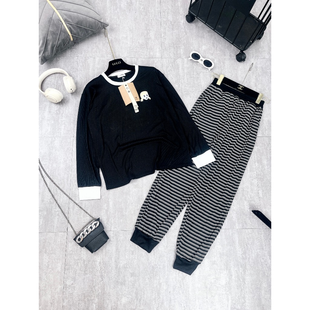Set Bộ Đồ Nữ Cô Gái Áo Đen Dài Tay Phối Trắng Mix Quần Len Gân Boom Ống Freesize