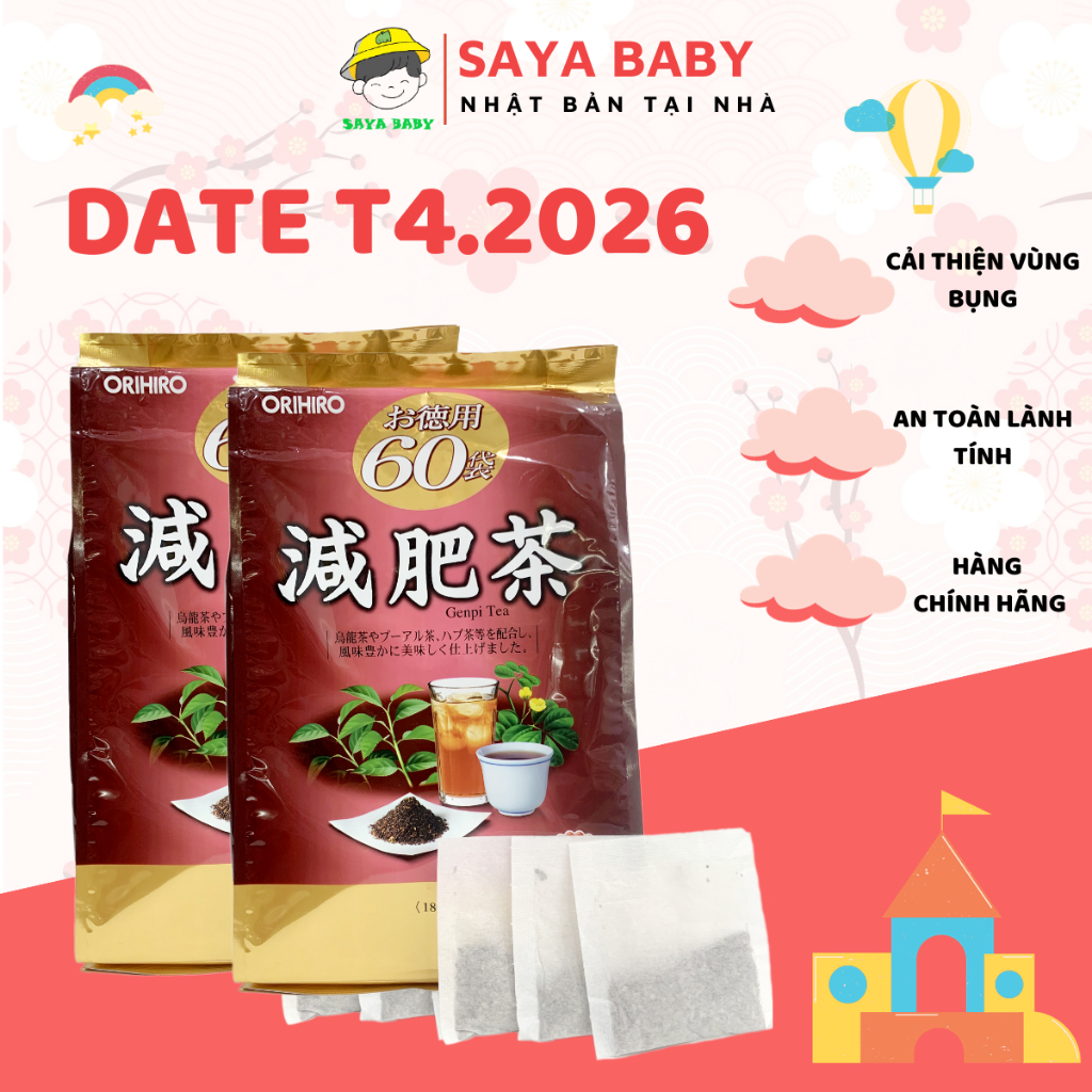 Trà Genpi Orihiro giảm mỡ bụng, thức uống thải độc hỗ trợ giảm cân tiêu mỡ Nhật Bản túi 60 Gói