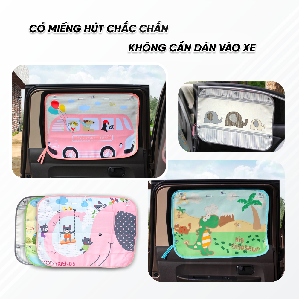 Rèm Vải Che Nắng Ô Tô Hàn Quốc Phối Hình Dễ Thương Có Gắc Hút