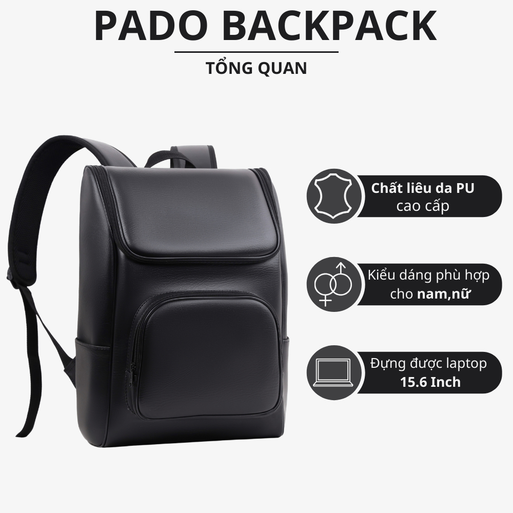 Balo nam nữ thời trang PADO 645 chất liệu da PU nhập khẩu chống thấm, đựng được laptop 15.6inch