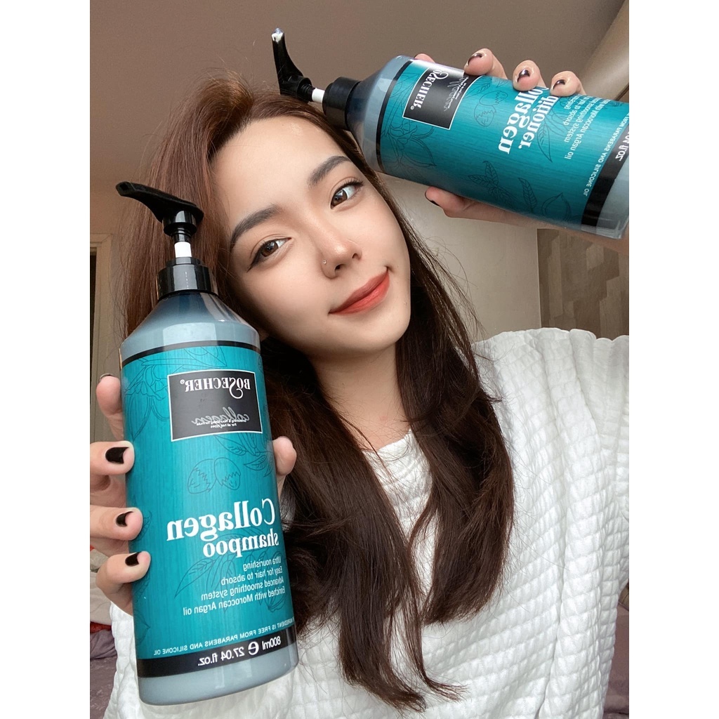 Dầu Gội Xả Collagen Bosecher 800Mlx2 Siêu Mềm Mượt Hương Nước Hoa Sạch Gàu Phục Hồi Tóc Hư Tổn Kích Thích Mọc Tóc