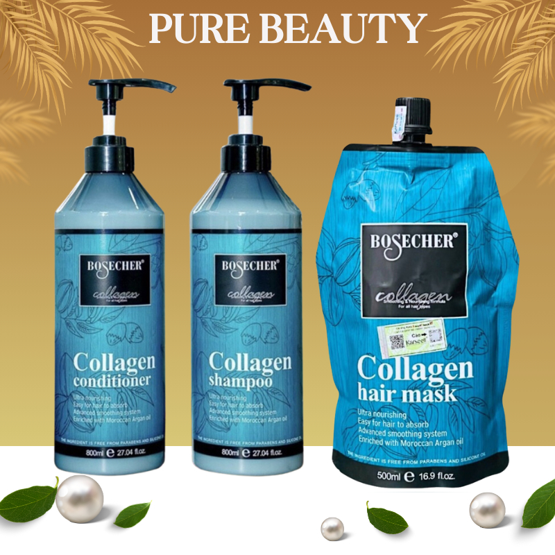 Dầu Gội Xả Collagen Bosecher 800Mlx2 Siêu Mềm Mượt Hương Nước Hoa Sạch Gàu Phục Hồi Tóc Hư Tổn Kích Thích Mọc Tóc