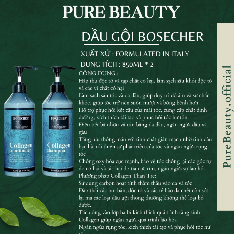 Dầu Gội Xả Collagen Bosecher 800Mlx2 Siêu Mềm Mượt Hương Nước Hoa Sạch Gàu Phục Hồi Tóc Hư Tổn Kích Thích Mọc Tóc