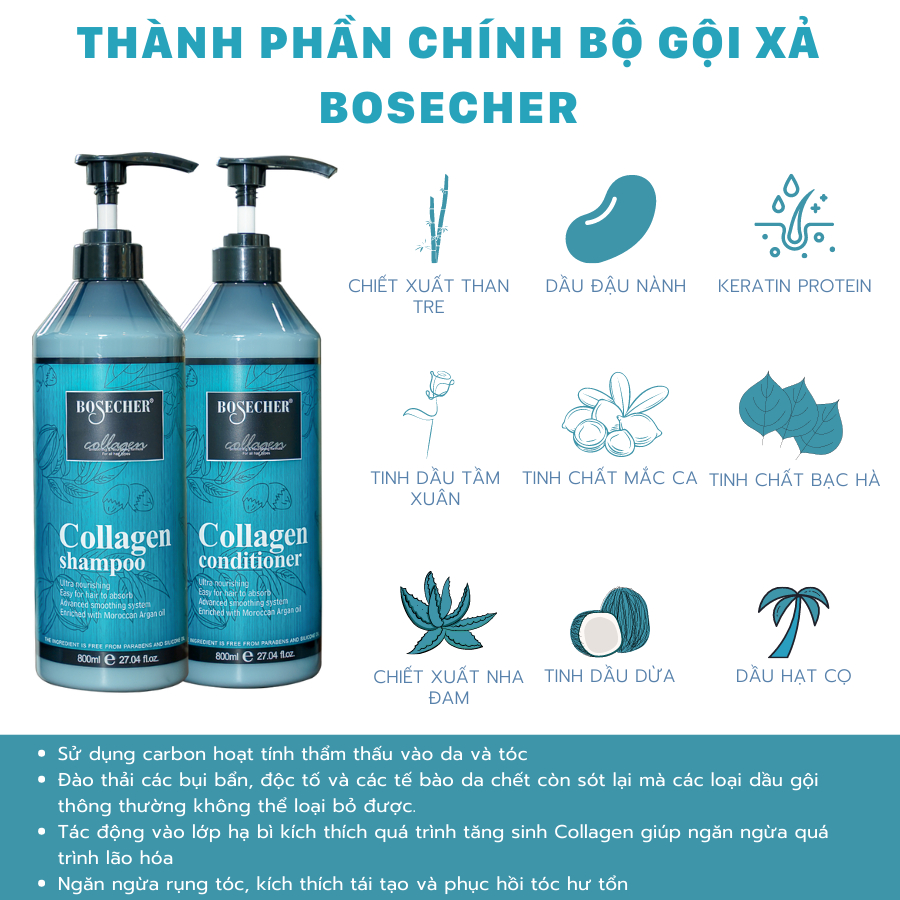 Dầu Gội Xả Collagen Bosecher 800Mlx2 Siêu Mềm Mượt Hương Nước Hoa Sạch Gàu Phục Hồi Tóc Hư Tổn Kích Thích Mọc Tóc