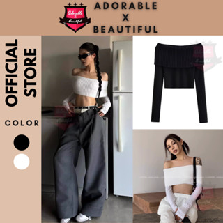 [Ảnh thật] Áo Tay Dài Trắng Đen Cao Cấp Hàng Nhập, Áo Trễ Vai Chất Thun Phối Len Phong Cách Y2k  [AdorablexBeautiful]