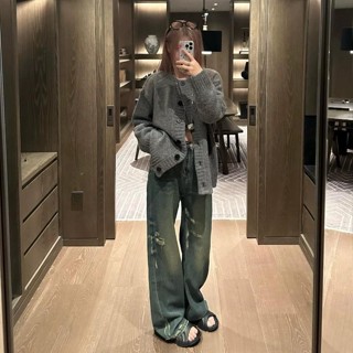 Quần suông jean ống rộng cạp cao nữ màu xanh rêu rách M198, tầm m55 đổ xuống, cho nàng nấm lùn, vải quảng châu cao cấp