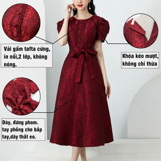 Đầm Gấm Cổ Tròn Cao Cấp Mí Trước Ngực Kèm Nơ Thắt Eo Phong Cách Sang Trọng Quý Phái.