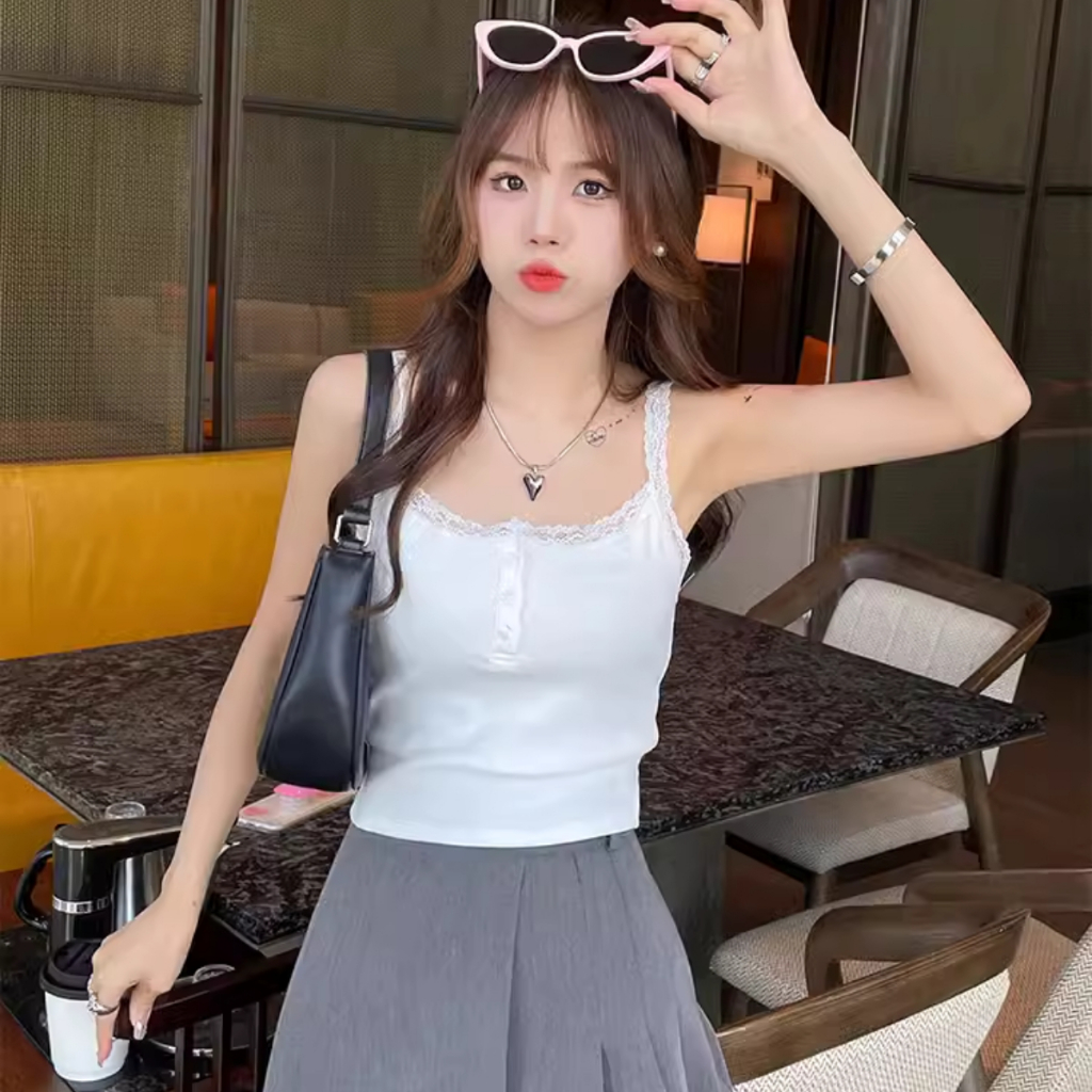 Áo 2 dây kiểu viền ren PINKSTORE29 phối cúc cổ siêu nữ tính A5876