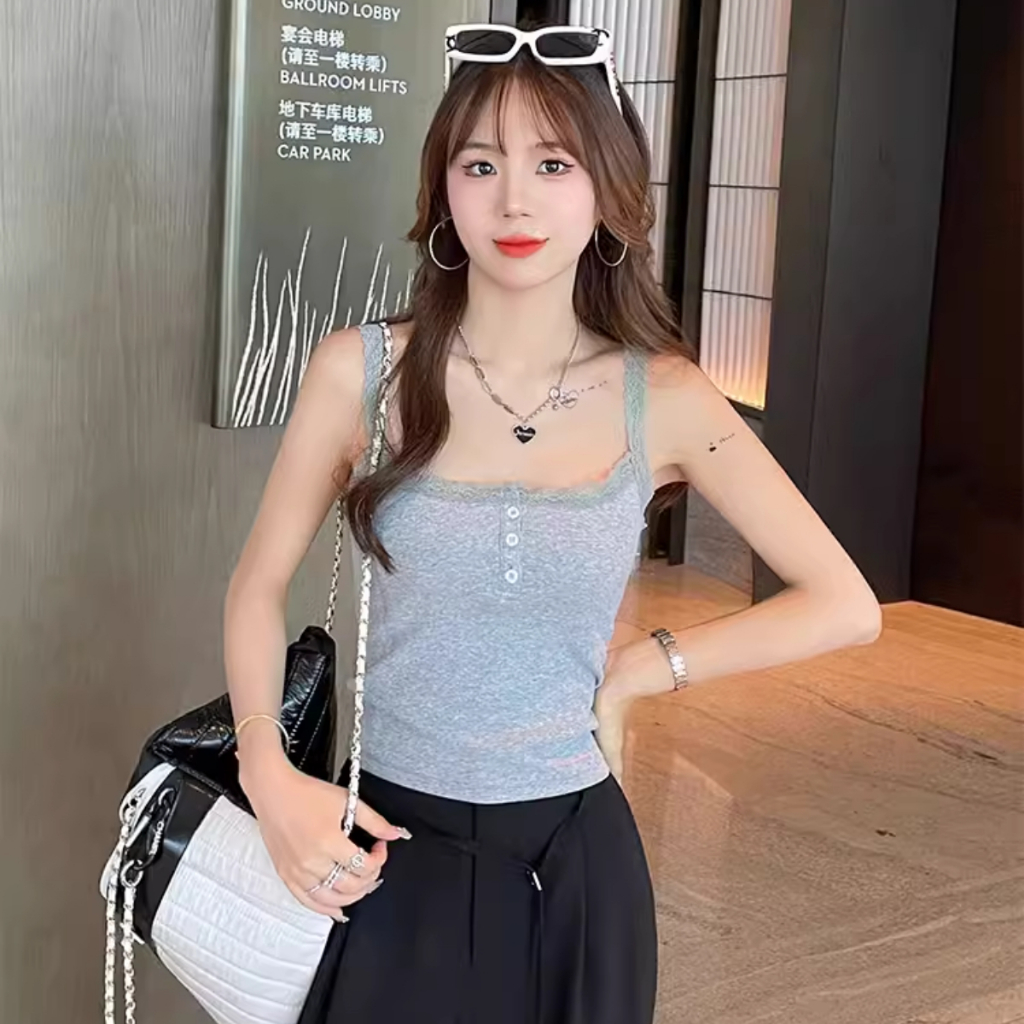 Áo 2 dây kiểu viền ren PINKSTORE29 phối cúc cổ siêu nữ tính A5876