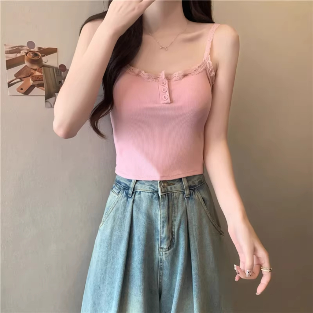 Áo 2 dây kiểu viền ren PINKSTORE29 phối cúc cổ siêu nữ tính A5876