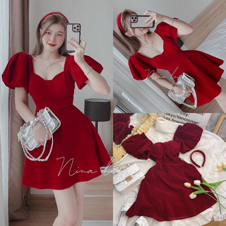 Đầm nhung đỏ kèm cài tóc