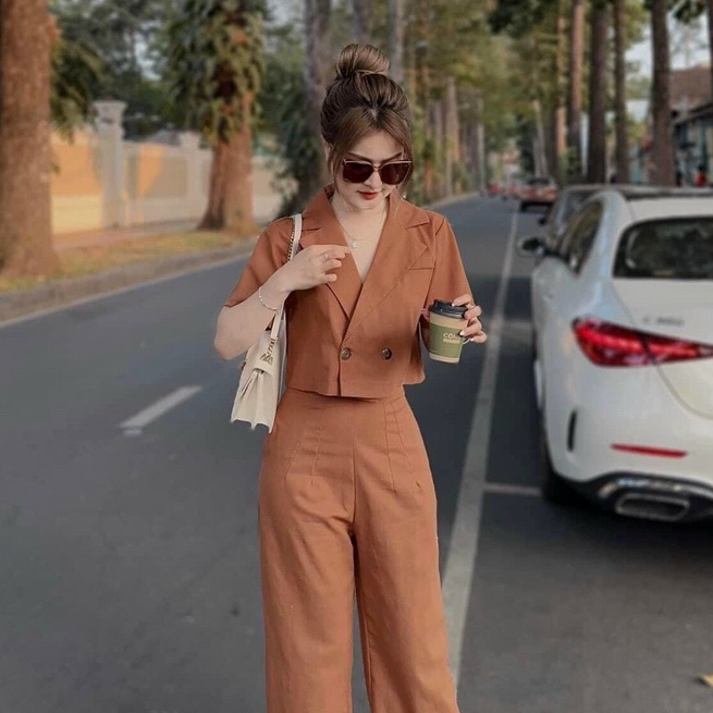 Set bộ vest nữ áo croptop tay ngắn và quần dài ống suông rộng phù hợp đi chơi dự tiệc thanh lịch - SHOPNGÔ FASHION