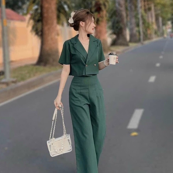 Set bộ vest nữ áo croptop tay ngắn và quần dài ống suông rộng phù hợp đi chơi dự tiệc thanh lịch - SHOPNGÔ FASHION