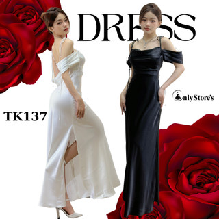 TK137 Đầm lụa trễ vai buộc nơ dáng dài xẻ tà quyến rũ