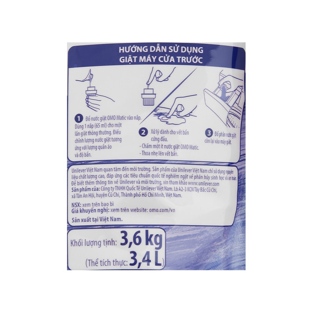 Nước giặt OMO Matic cửa trước ngăn mùi ẩm mốc túi 3.6kg