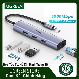 USB-C to LAN 100/1000Mbps Kèm HUB 3 Cổng USB 3.0 Ugreen Chính hãng