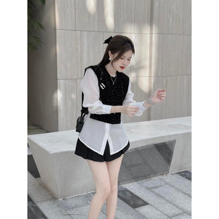 Set 3 món: sơ mi voan trắng + crop yếm kim tuyến cột dây eo + cv xếp ly 🖤