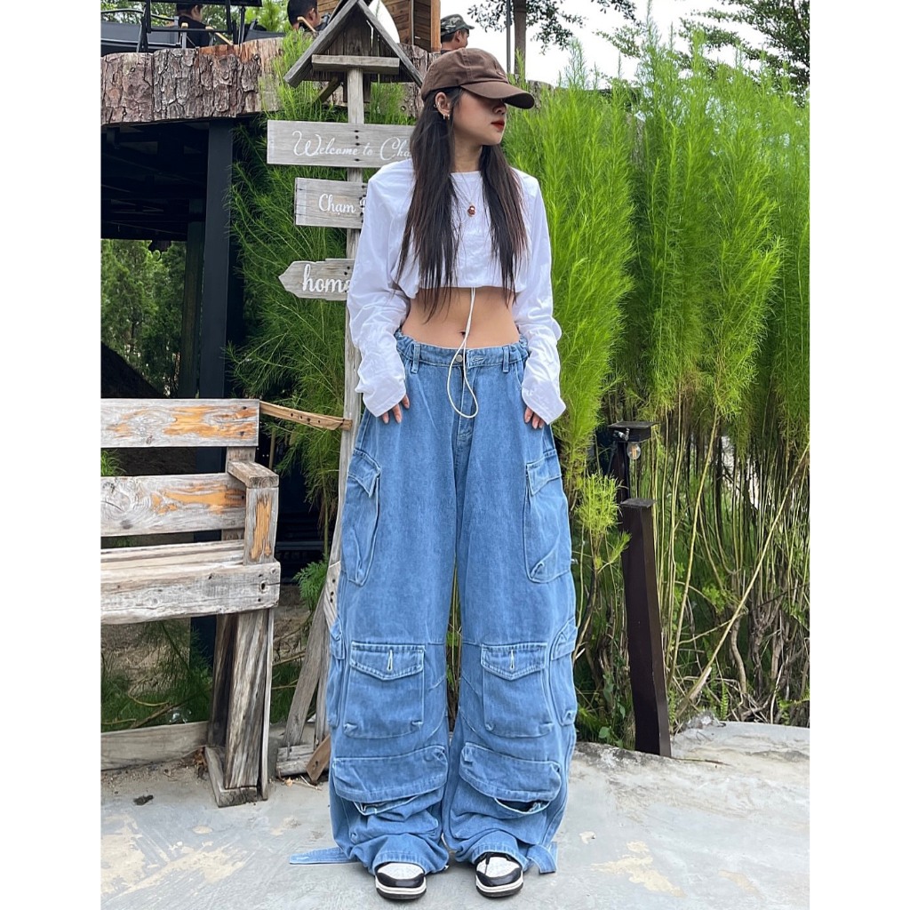 Quần Jean Unisex màu xanh túi hộp ống rộng , chất lượng cao phong cách street style