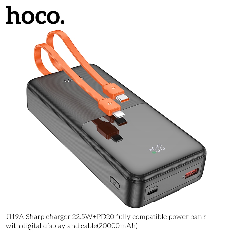 Pin dự phòng tích hợp 2 cáp sạc nhanh Hoco J119A 20000mAh QC 22.5 và PD 20W - màn hình LCD hiển thị