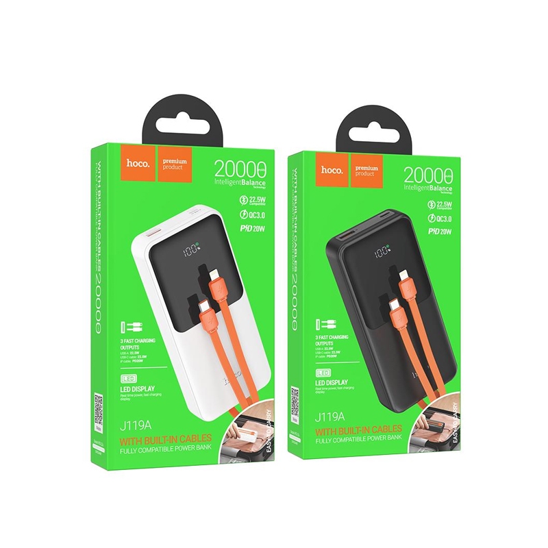 Pin dự phòng tích hợp 2 cáp sạc nhanh Hoco J119A 20000mAh QC 22.5 và PD 20W - màn hình LCD hiển thị