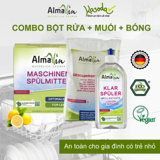 Combo Almawin Bột rửa bát Nước bóng Muối làm mềm dùng cho máy rửa chén bát chứng nhận hữu cơ an toàn cho gia đình