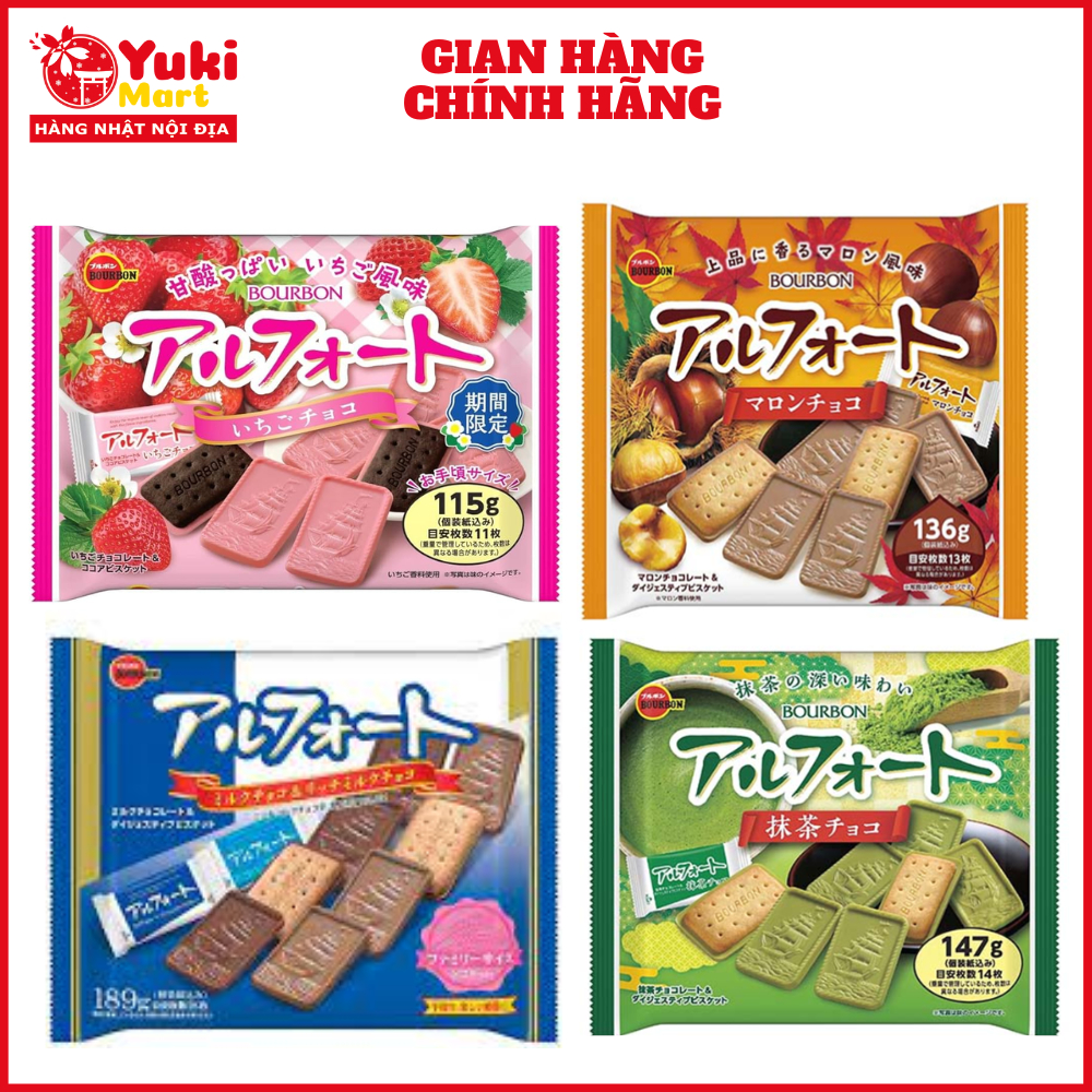 Bánh quy Bourbon Alfort vị trà xanh, Dâu, Hạt dẻ, Socola sữa nội địa Nhật Bản