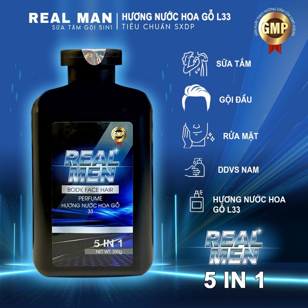 Sữa tắm gội nam Real Men hương nước hoa gỗ LLB 33 Santal 5 in 1 dung tích 350 ml