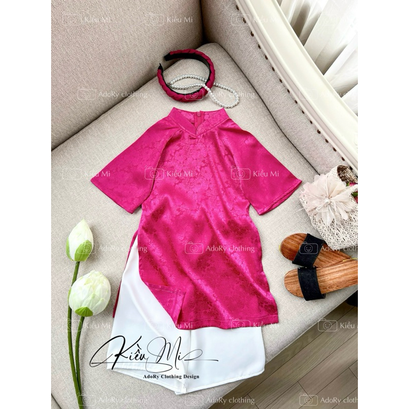 Áo dài cổ trụ gấm xinh cho bé 8-41kg
