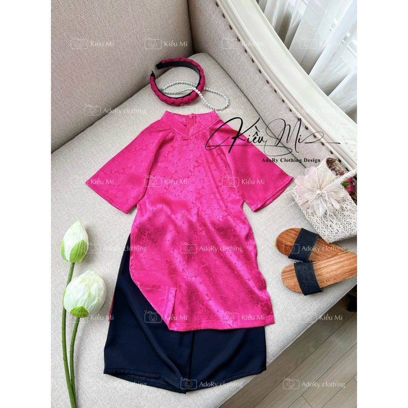 Áo dài cổ trụ gấm xinh cho bé 8-41kg